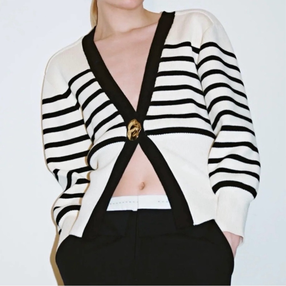 Urban Revivo Womens Striped Knit Cardigan Sweater Sz Lg Black Cream Gold Button - Picture 1 of 11